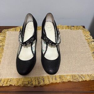 1901 Black Mary Jane Heels with Crystal Strap